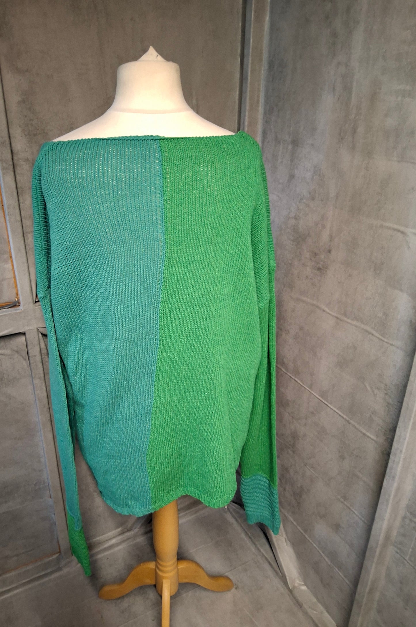 Handmade Green Colour Block Knit Cardigan – Relaxed Fit, Button Close
