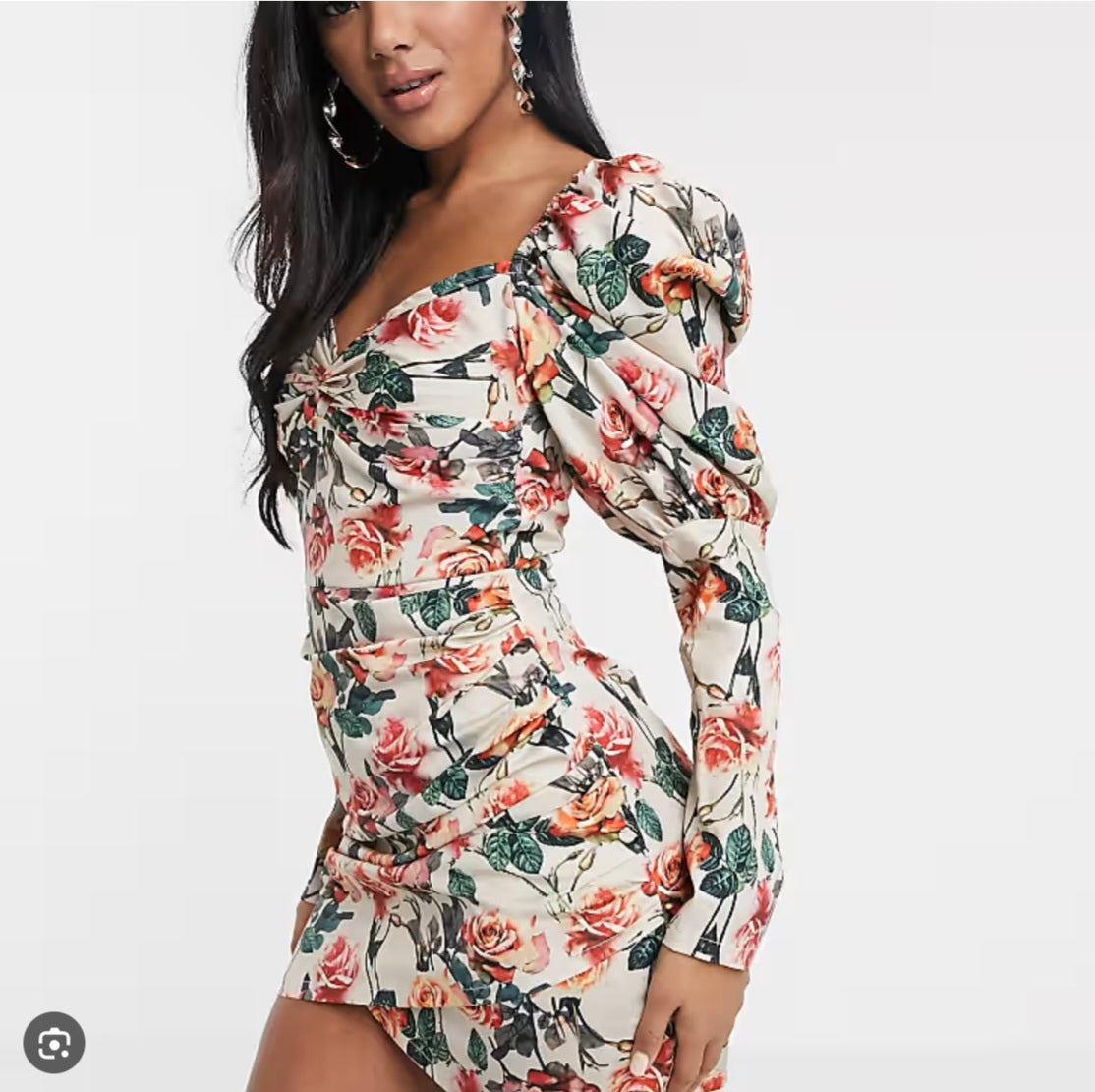 PrettyLittleThing Cream Rose Print Puff Sleeve Mini Dress – UK 6 – Romantic Statement Style
