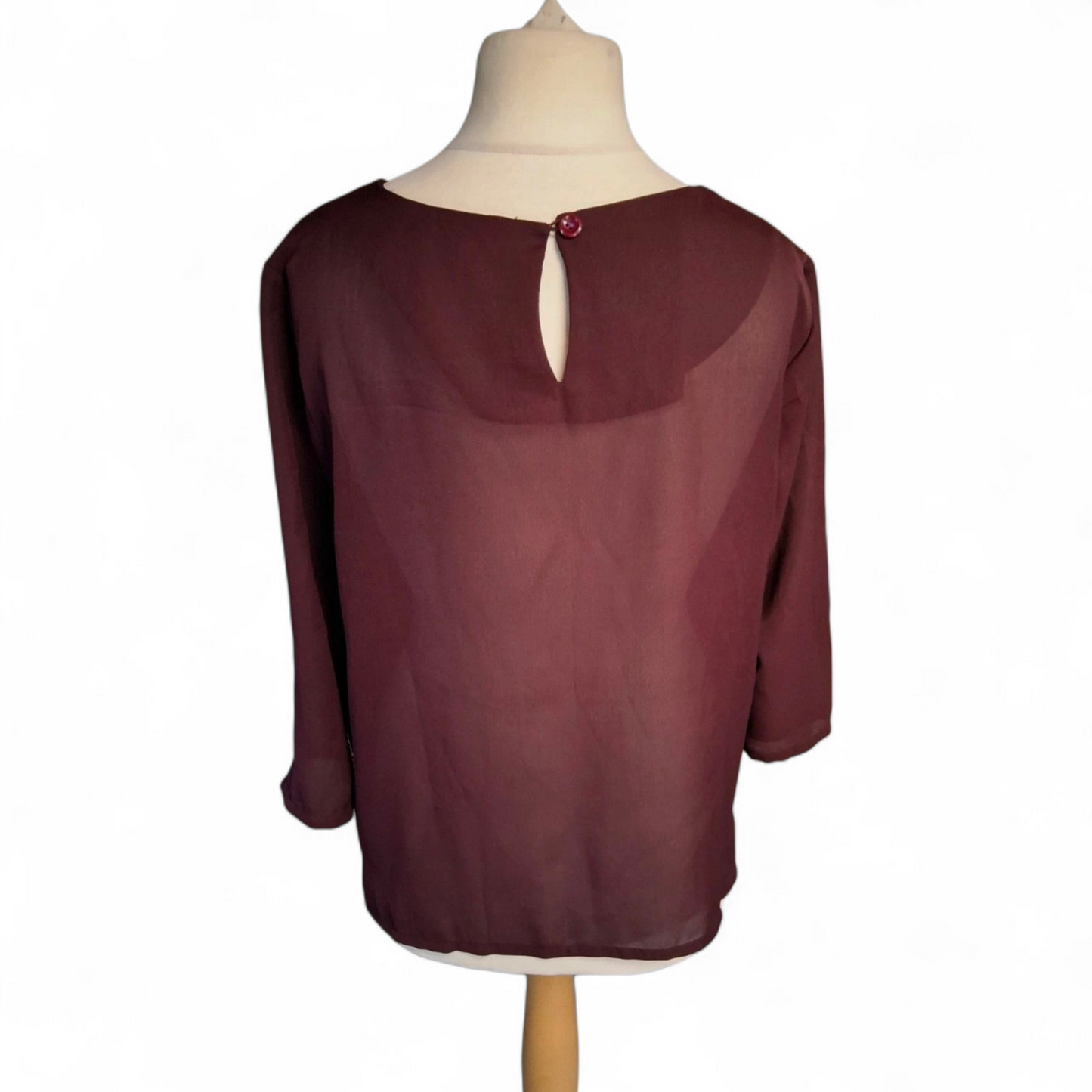 Dickens & Jones Burgundy & Bronze Sequin Top – Size 16 – Sheer Sleeves