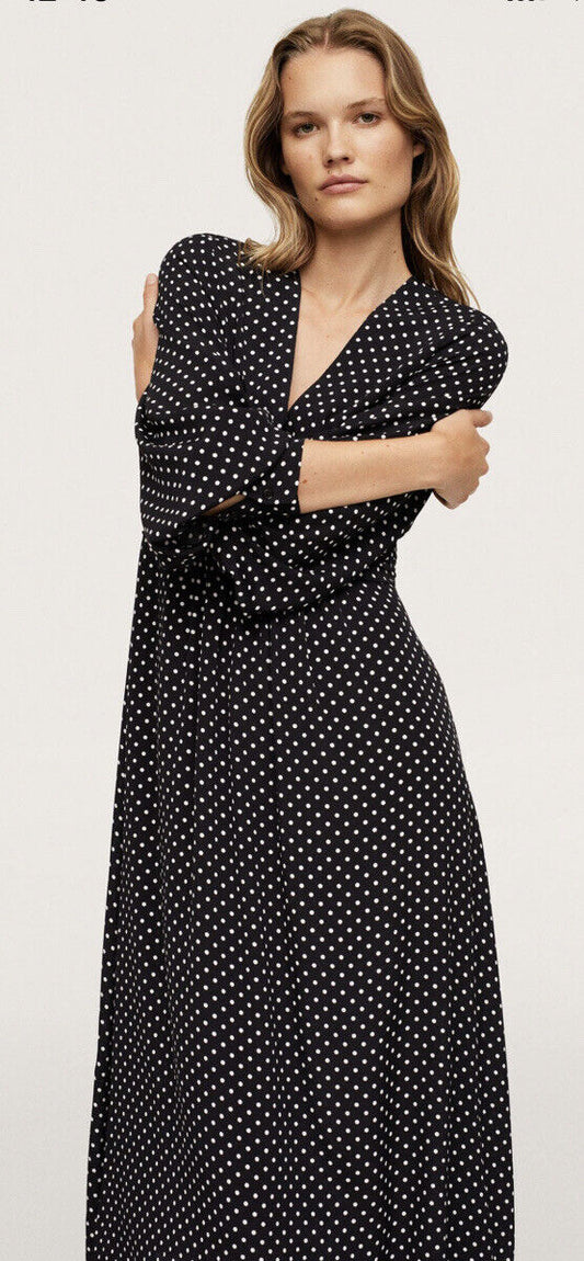 Mango Black & White Polka Dot Midi/Long Dress – V Neck – Size L (UK size 12)