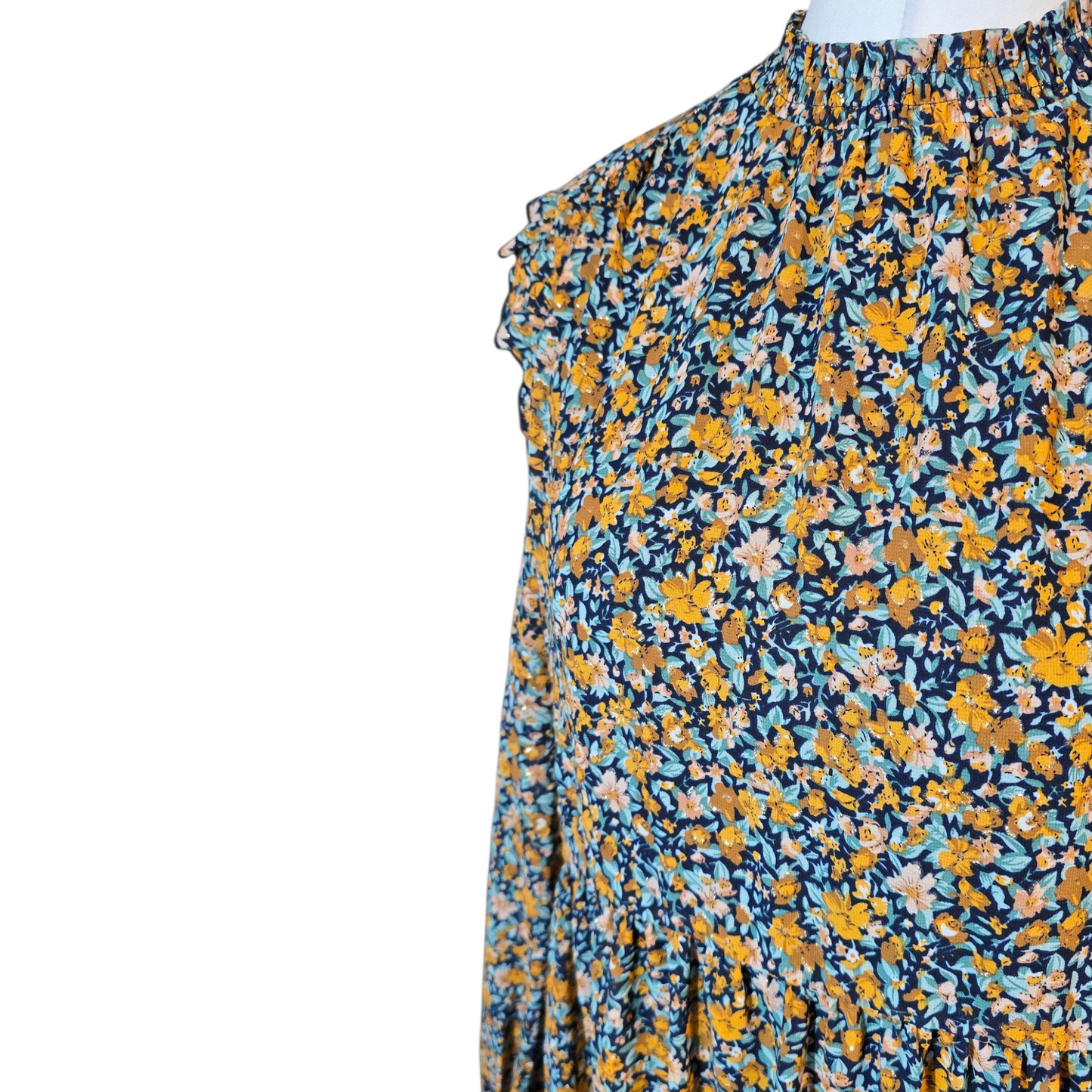 Warehouse Orange & Navy Floral Ruffle Dress – Size 12