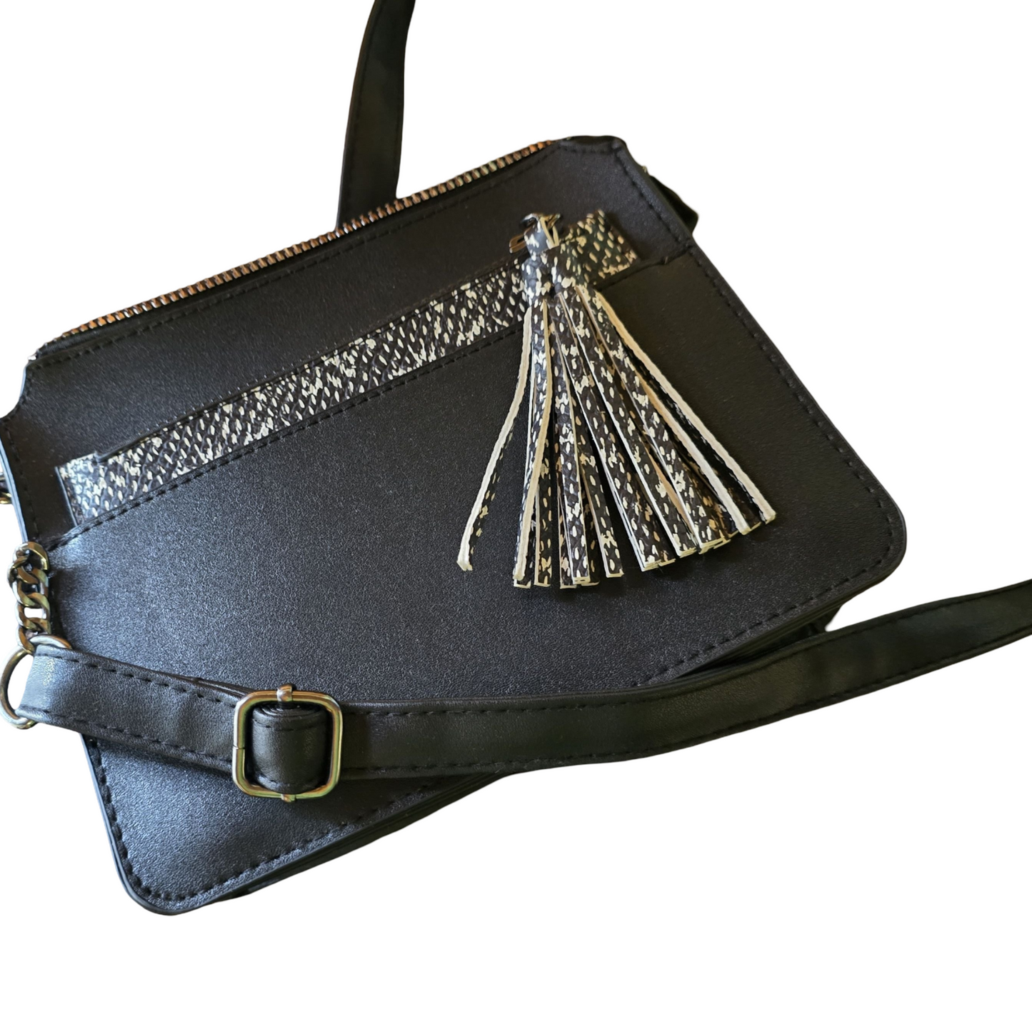 Primark Black Tassel Shoulder Bag – Adjustable Strap, Zip Close, Coin Purse, 22x18cm