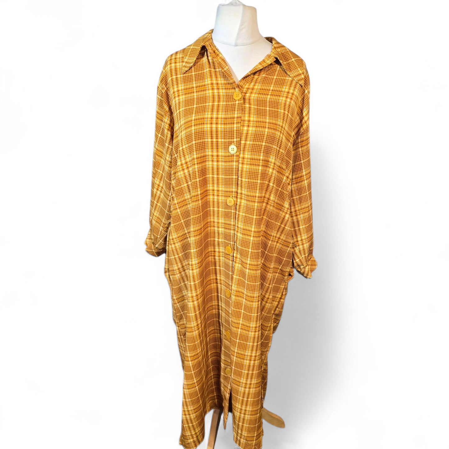 Monki Mustard Check Midi Shirt Dress – Size M (UK size 12/14) – Pockets & 3/4 Sleeves