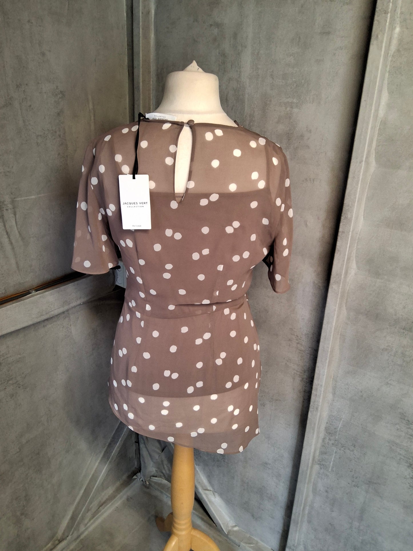 Jacques Vert Brown Polka Dot Sheer Layered Top – Size 8 – NWT RRP £69
