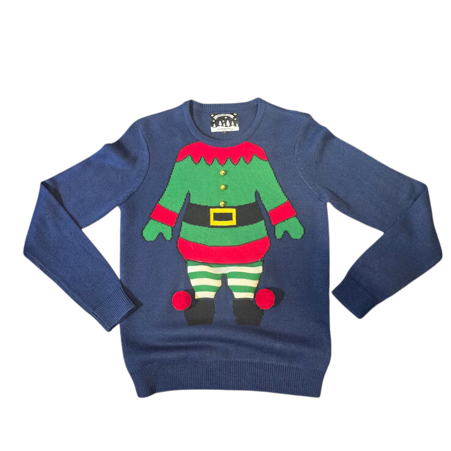 Red Herring Navy Men’s Christmas Jumper – Size S – Elf Knit with Bells 38" Chest