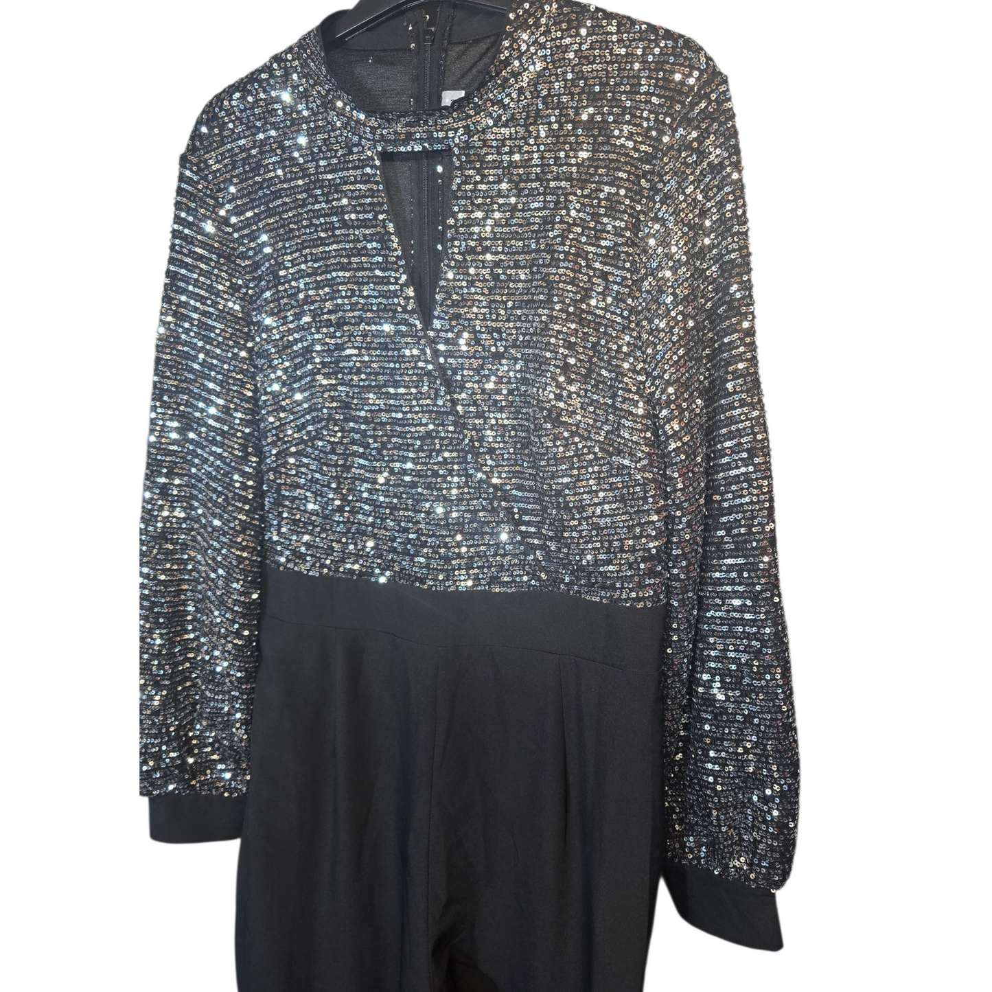 Silver Sequin & Black Long Sleeve Jumpsuit – Size M (size 10/12) – Choker Neck & Flared Leg