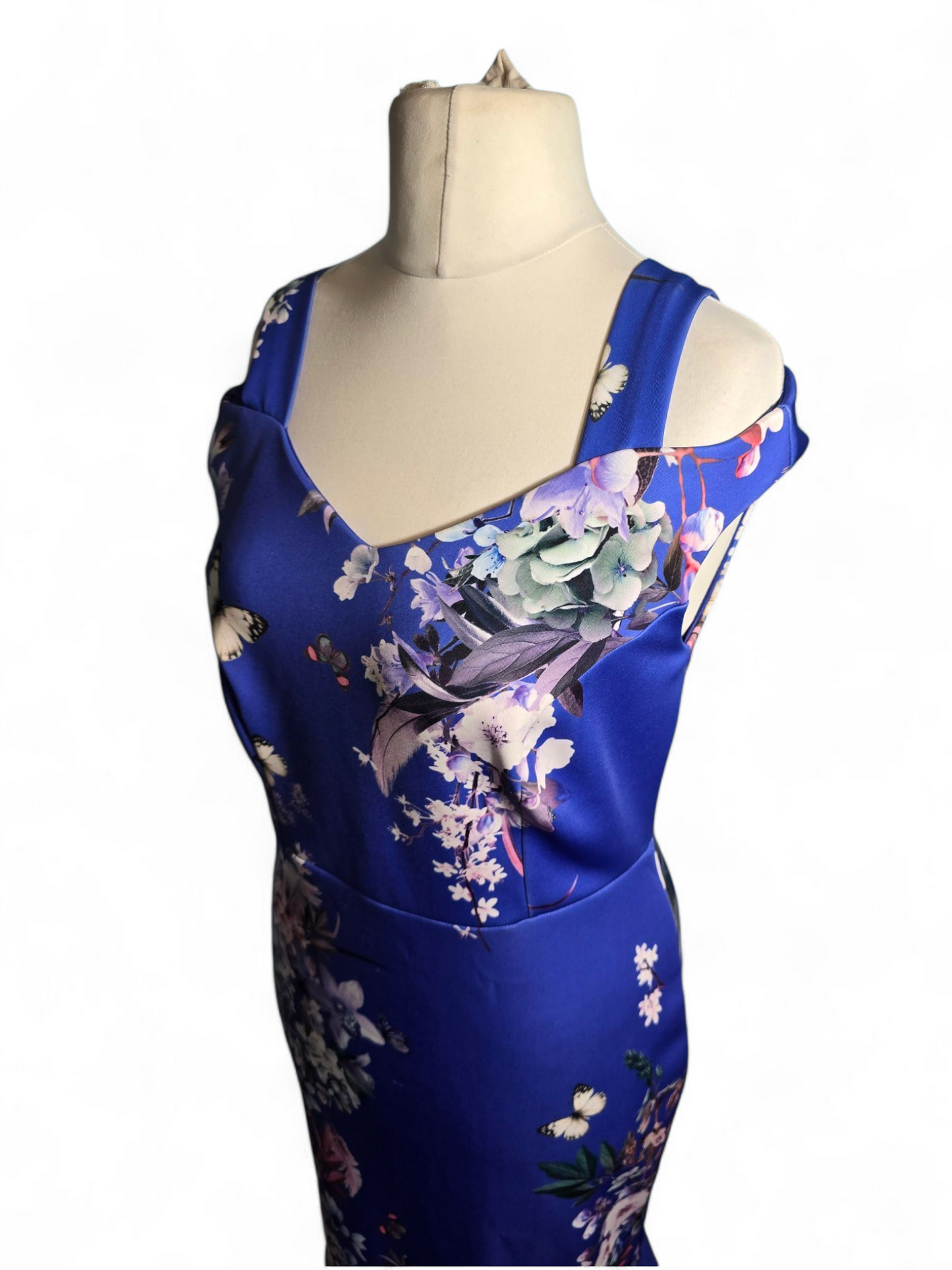 Kaleidoscope Blue Floral Cold Shoulder Dress – Size 12, Midi, Stretchy, Flared, Zip Back