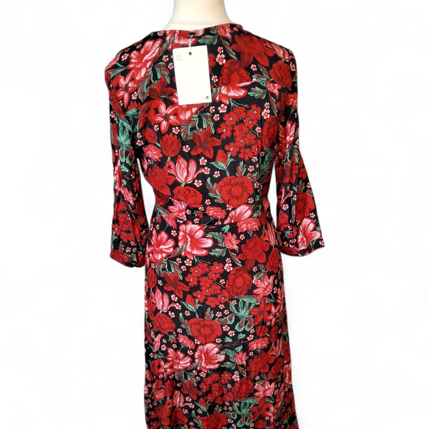 Monki Red Floral Wrap Style Dress – 3/4 Sleeve, Knee to Midi Length – UK 10