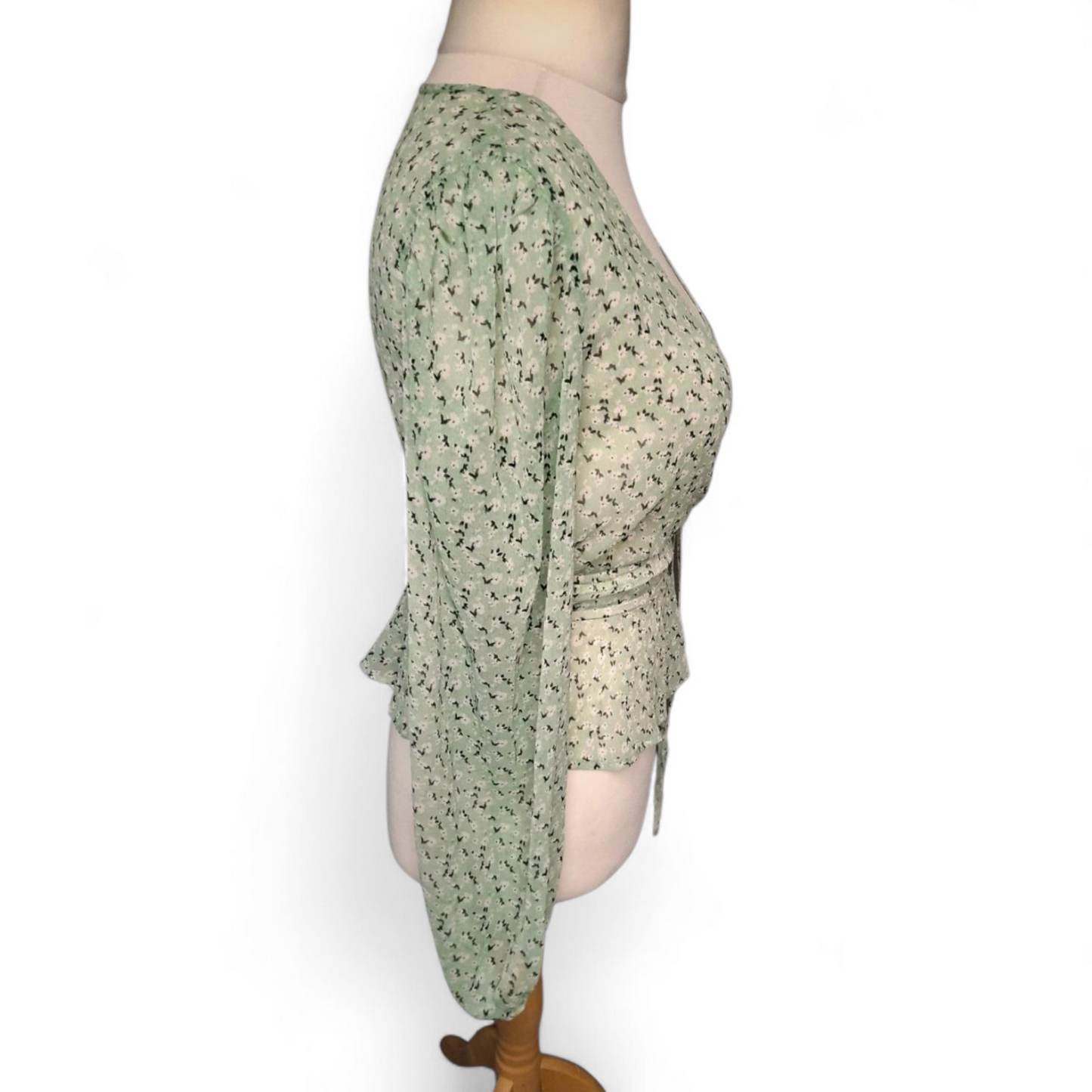 Stradivarius Mint Green Floral Blouse – Sheer, Flowy & Fab  (Size S, fits size 8/10)