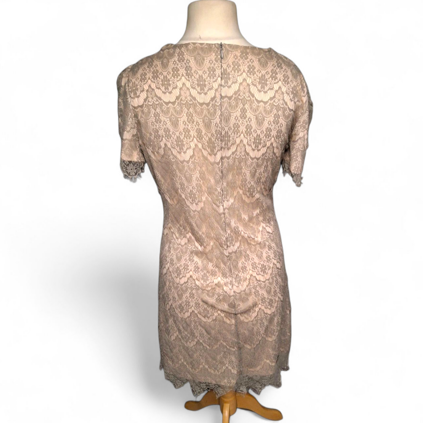 Mela London Grey & Beige Lace Dress – Size 14 – Fancy but Not Fussy