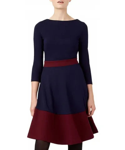 Hobbs Navy & Burgundy Fit & Flare Dress – Size 12 UK