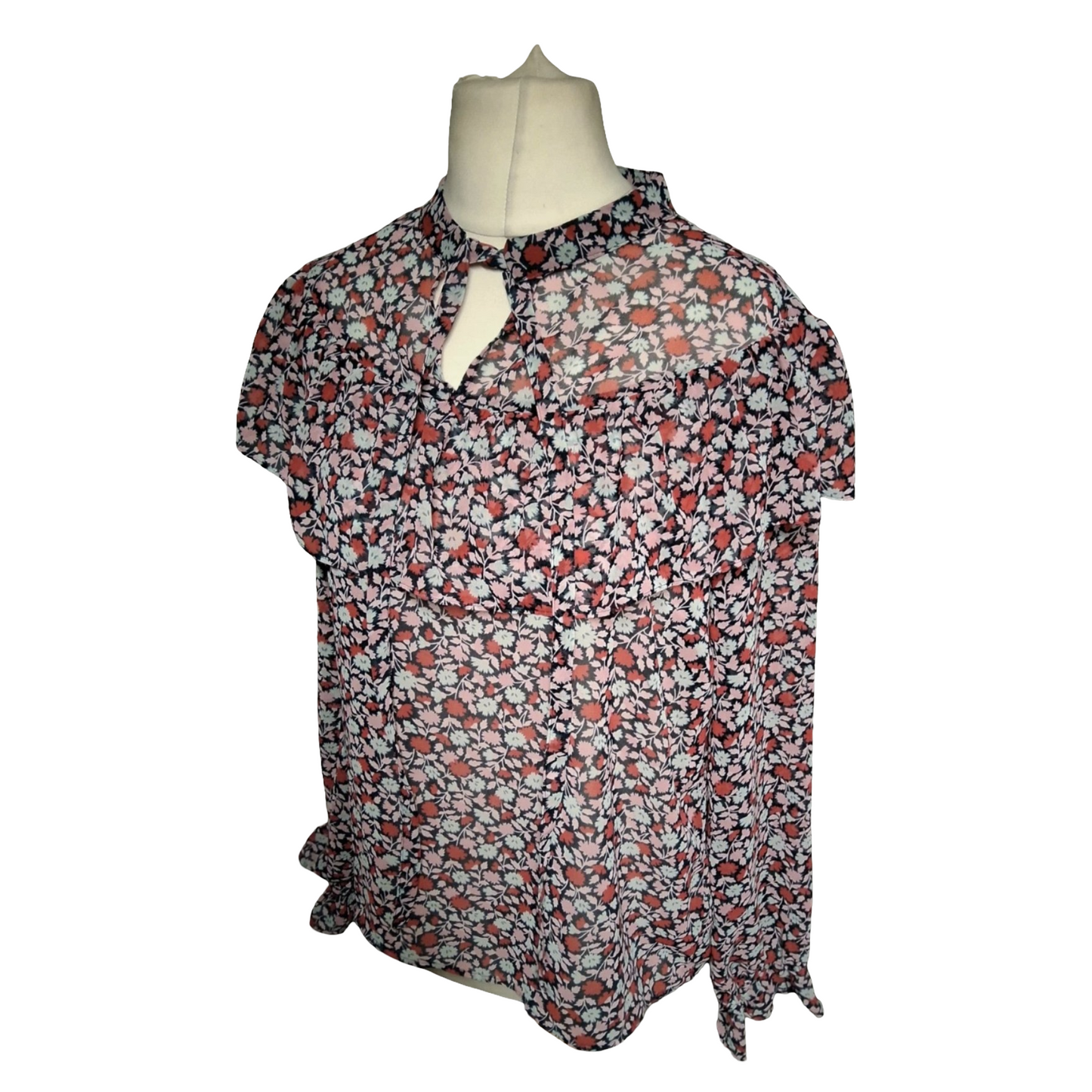 M&S Pink, Red & Navy Floral Sheer Blouse – Size 14