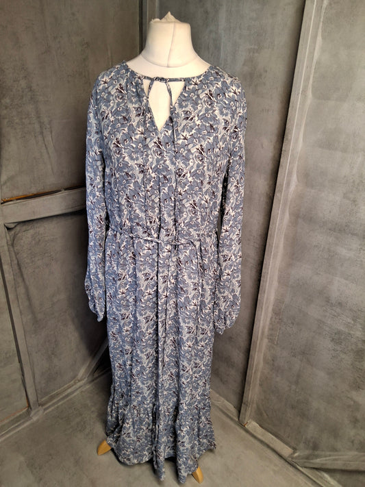 Next Blue & White Floral Maxi Dress – Size 12 – Long Sleeves, Belted