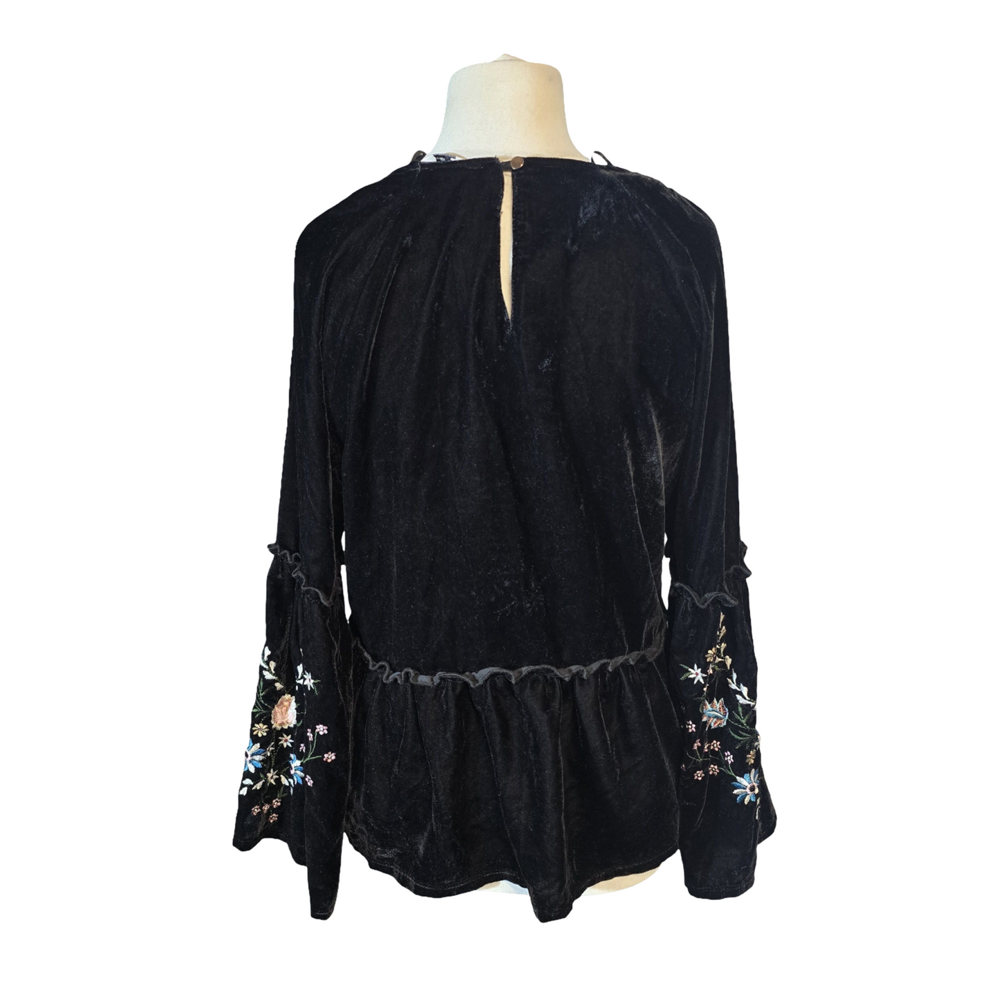 Tu Black Velvet Floral Embroidered Peplum Blouse – Size 12