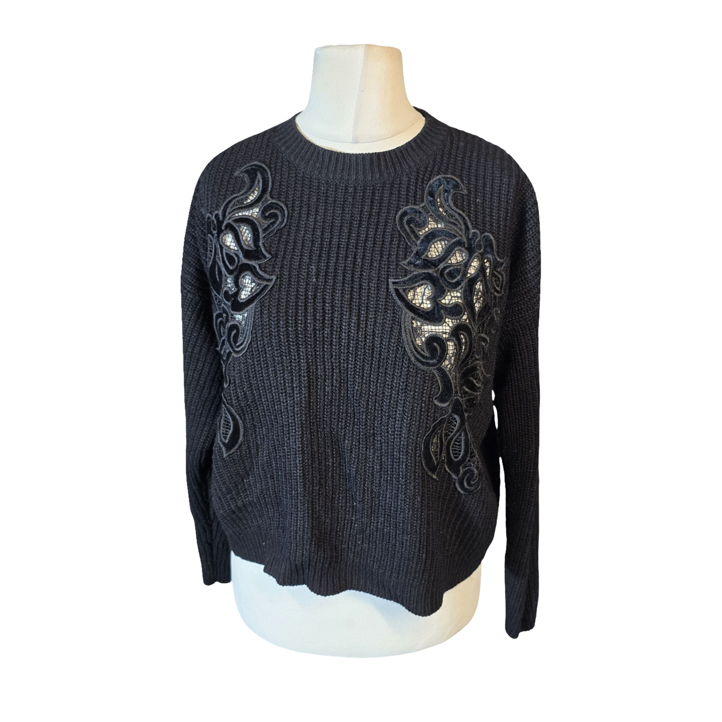 New Look Black Oversized Knit Jumper – Sheer Floral Front – Size S (UK size 8/10)