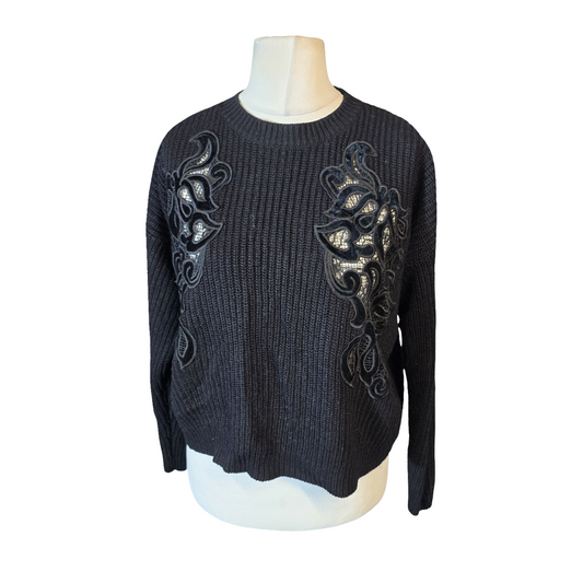 New Look Black Oversized Knit Jumper – Sheer Floral Front – Size S (UK size 8/10)