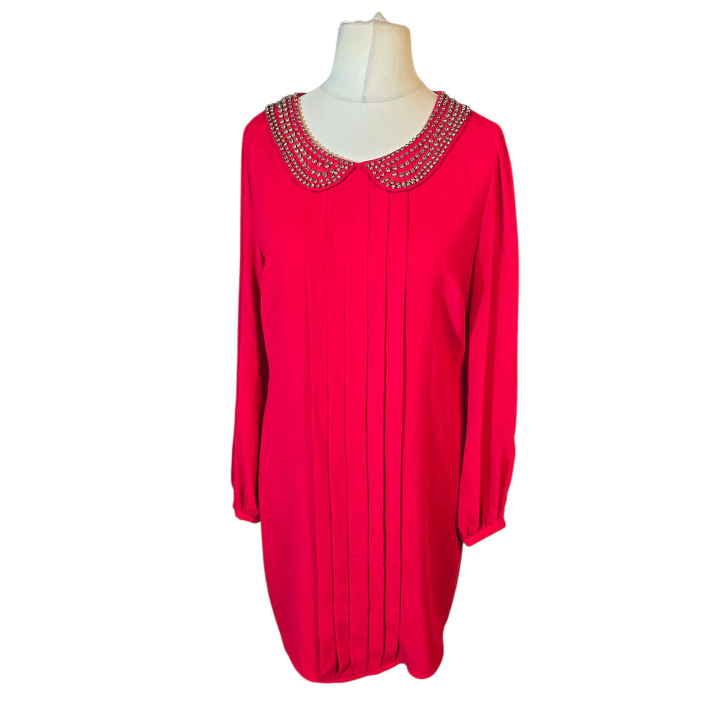 Oasis Red Pleated Gem-Collar Dress – Size 12 – Sheer Sleeves & Knee Length