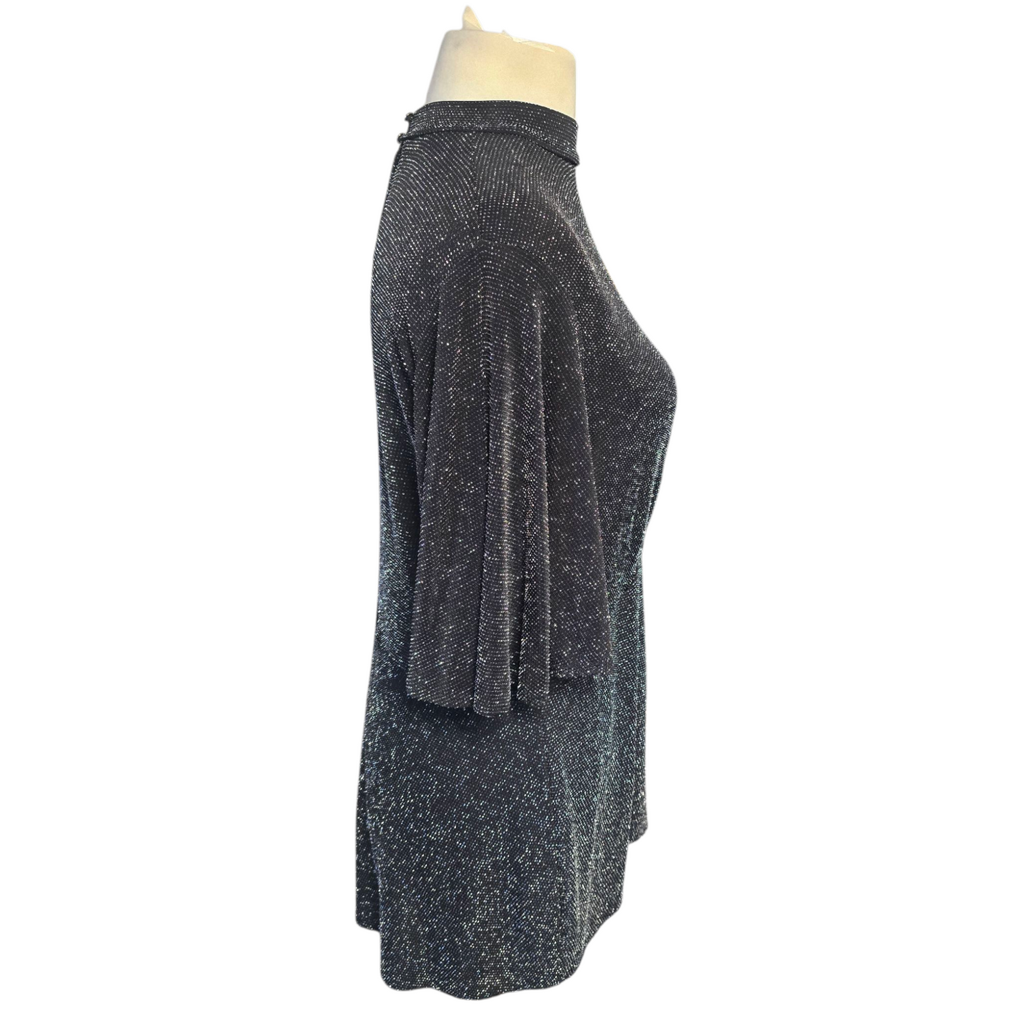 Dorothy Perkins Black & Silver Glitter Top – Size 16 – High Neck Flared Sleeve Tunic
