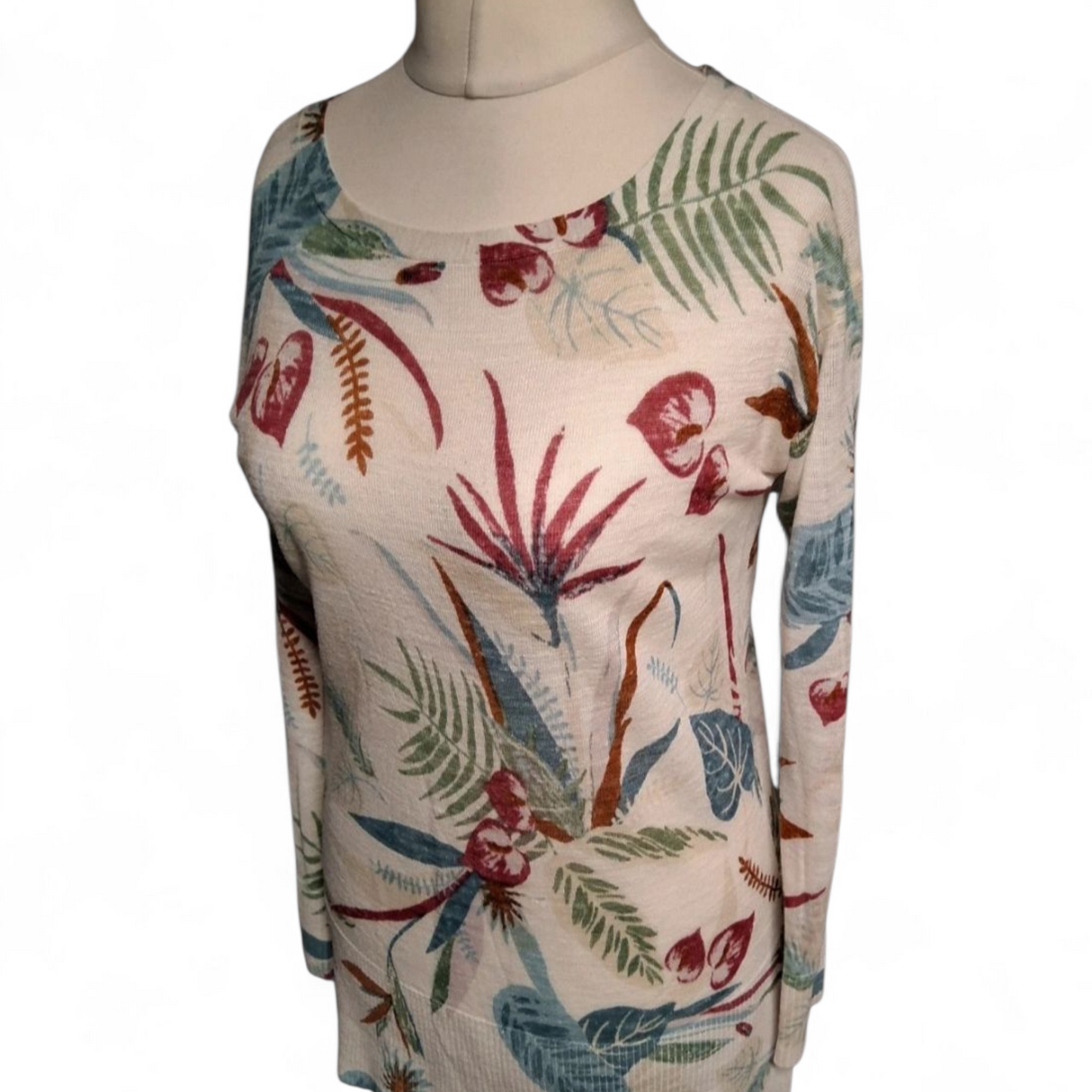 Monsoon Cream Linen Blend Tropical Floral Jumper – Size Small (UK size 8/10) – Longer Length