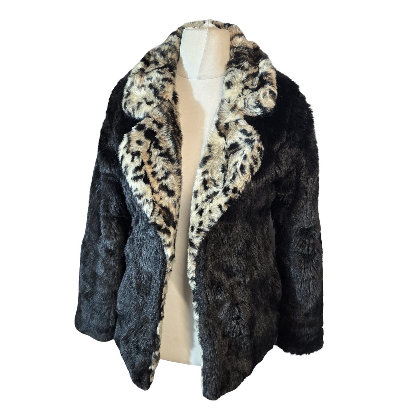 Glamorous Black & Beige Animal Faux Fur Coat – Size 8 – Mid Length, Lined