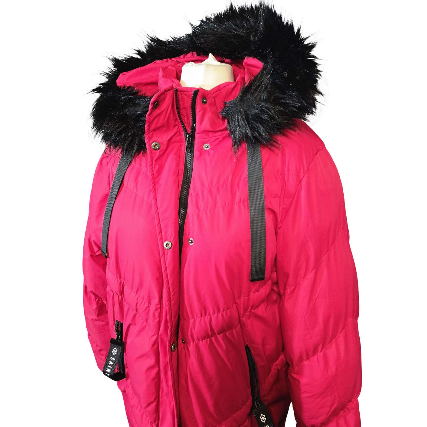 Saint & Sinner Red Puffer Midi Coat – Faux Fur Hood – Size 20