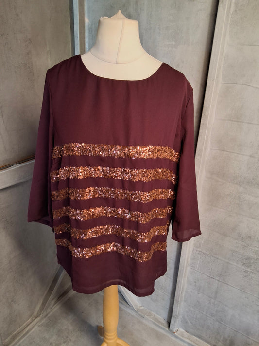 Dickens & Jones Burgundy & Bronze Sequin Top – Size 16 – Sheer Sleeves