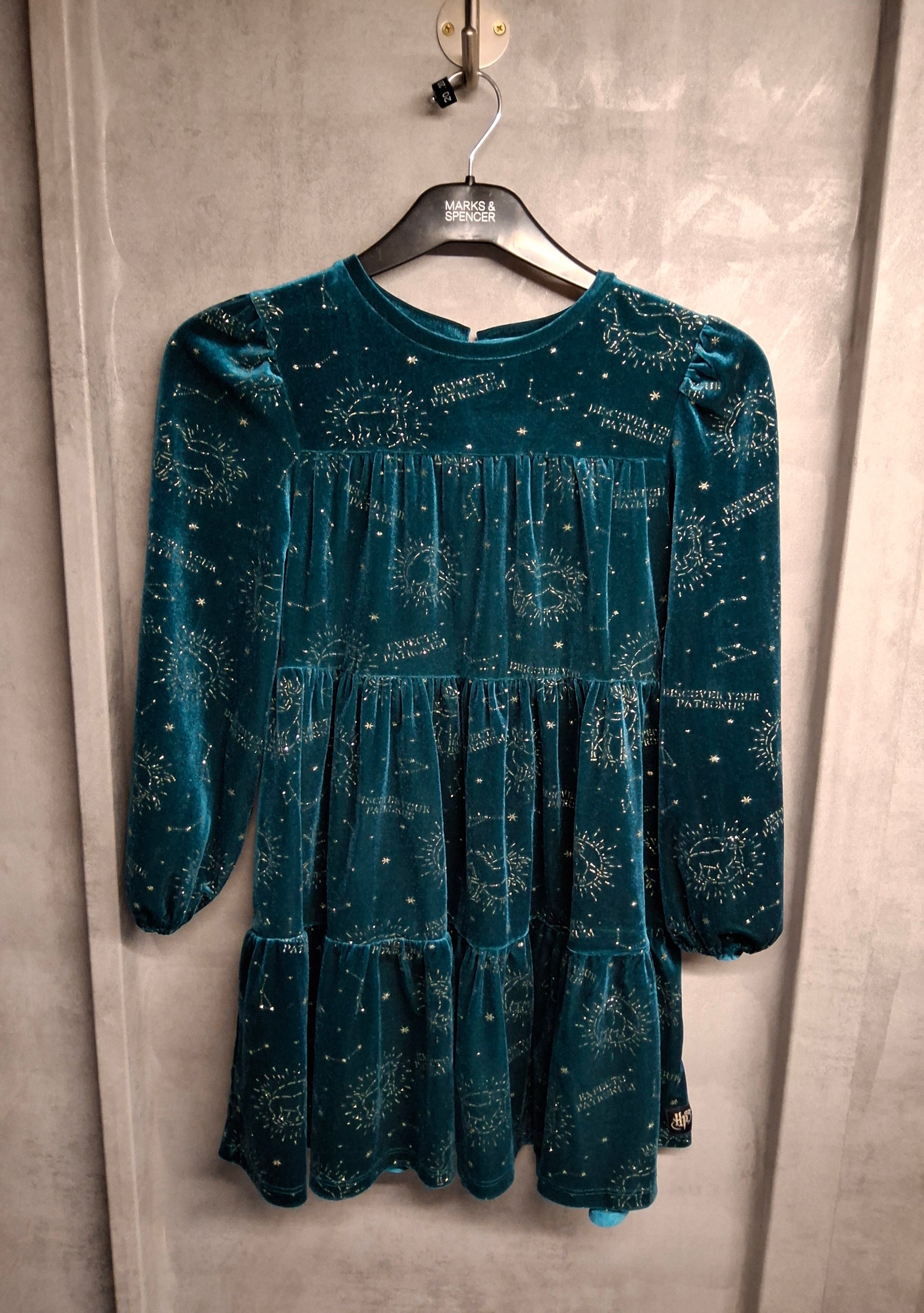 M&S Harry Potter Green Velvet & Gold Glitter Dress – Age 9-10 Years