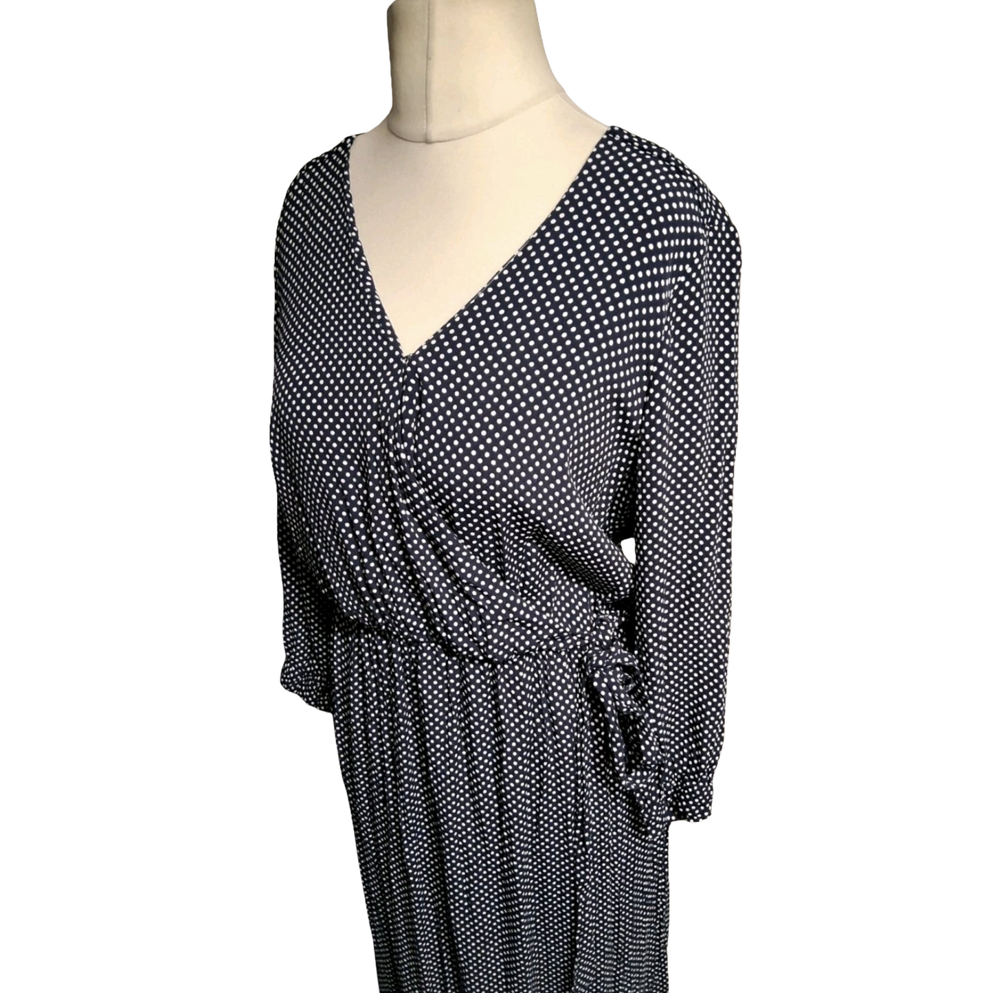 Joules ‘Chloe’ Navy & White Polka Dot Wrap Midi Dress – Size 12 – Viscose
