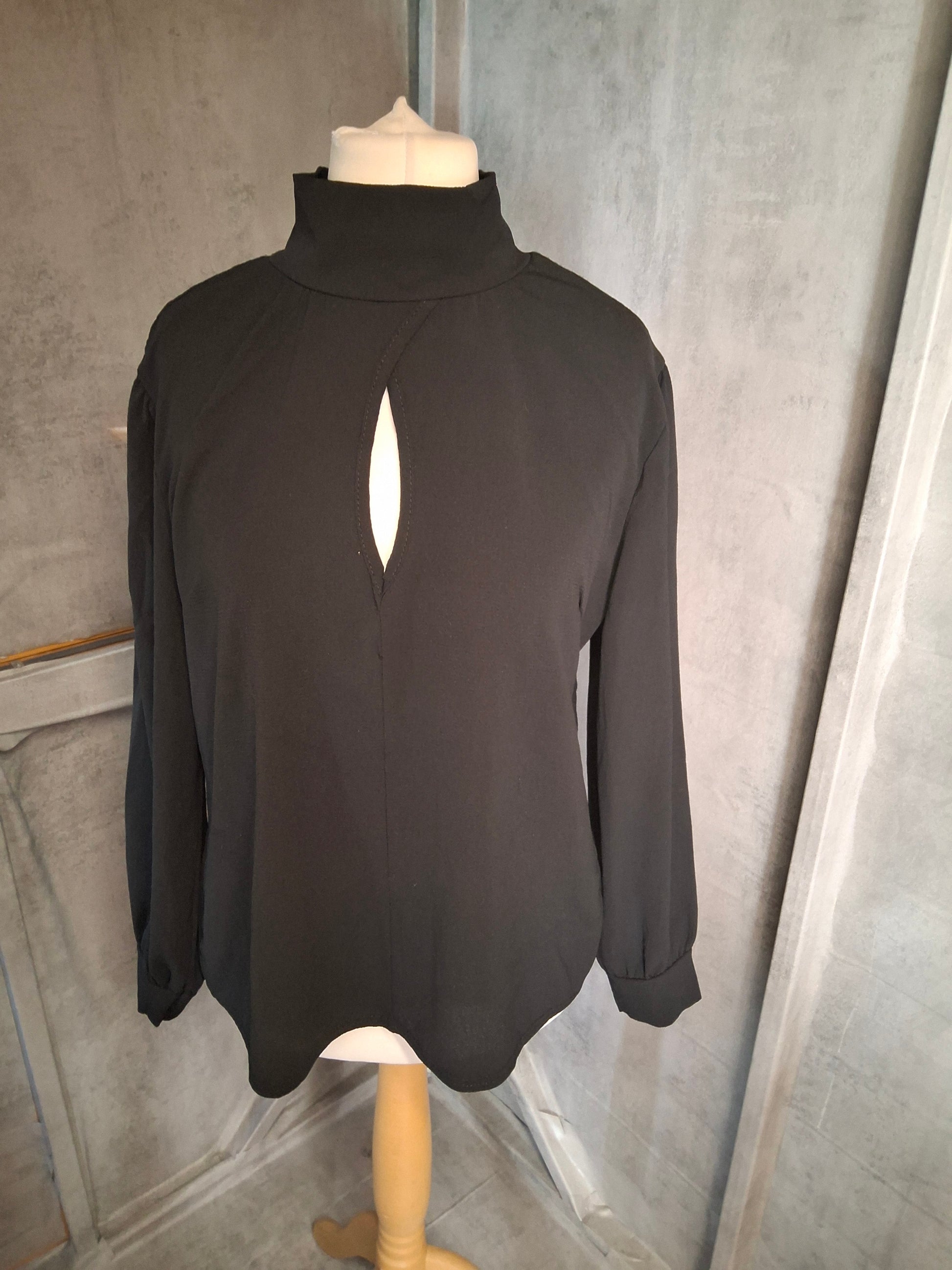 Boohoo Black High Neck Blouse – Slit Front Detail – Size 16