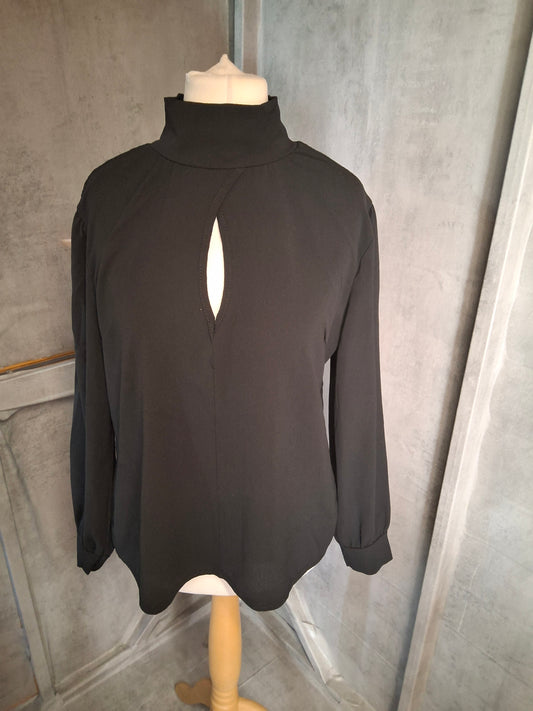 Boohoo Black High Neck Blouse – Slit Front Detail – Size 16