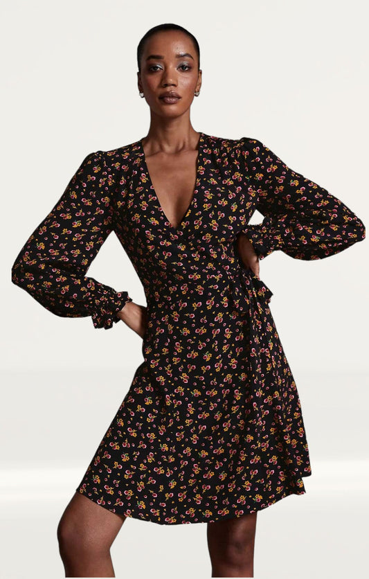 M&S Ghost Black Floral Wrap Midi Dress – Size 8 Regular – Viscose Elegance