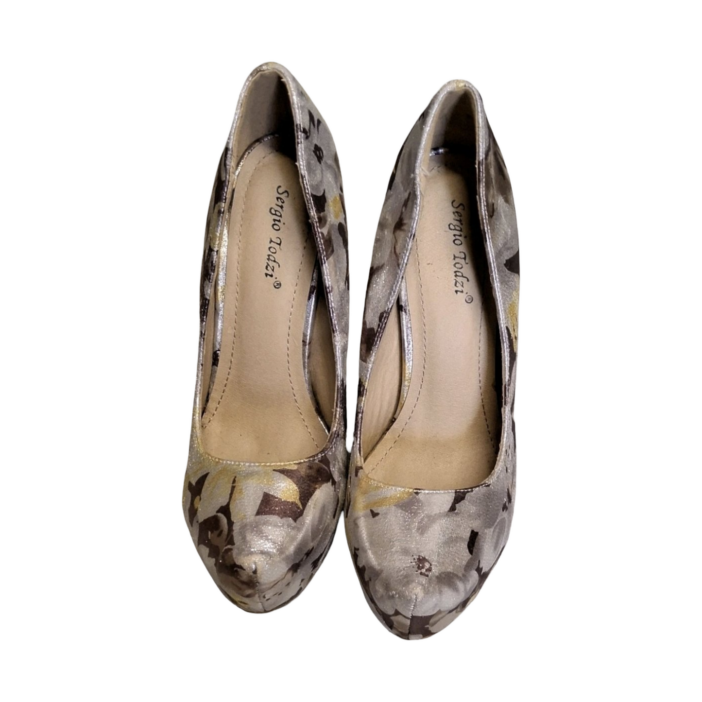 Sergio Todzi Silver, Purple & Yellow Floral Platform High Heels UK 4 – Metallic 13cm Heel