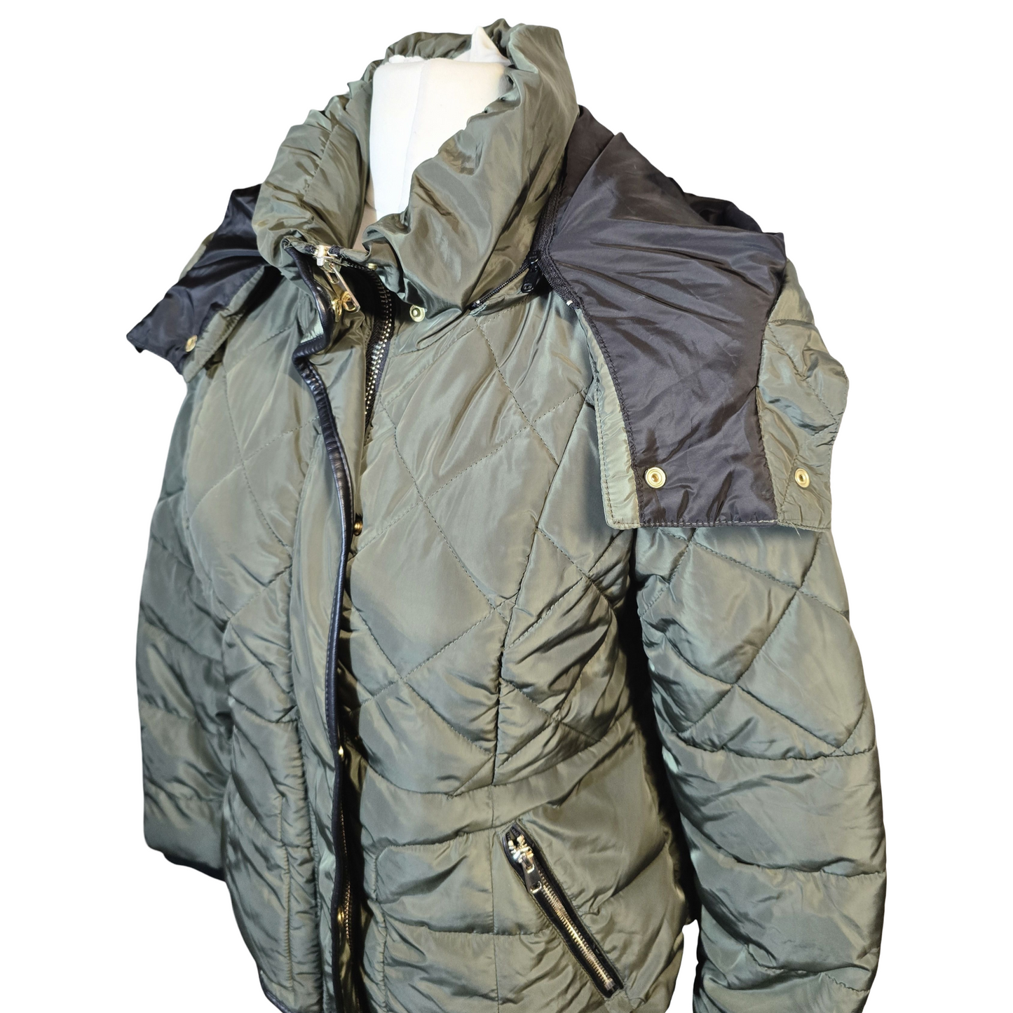 Next Petite Khaki Puffer Jacket – Detachable Hood, Size 14 – Warm Winter Coat