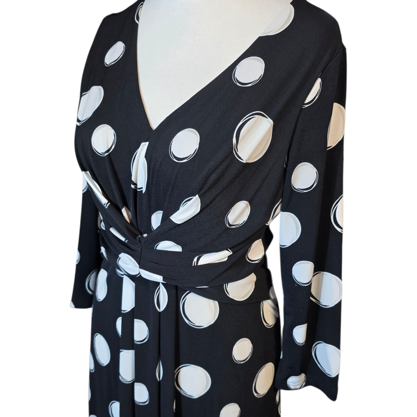 Roman Black & White Polka Dot Midi Dress – Size 12 – V-Neck – Bodycon Fit – Stretchy