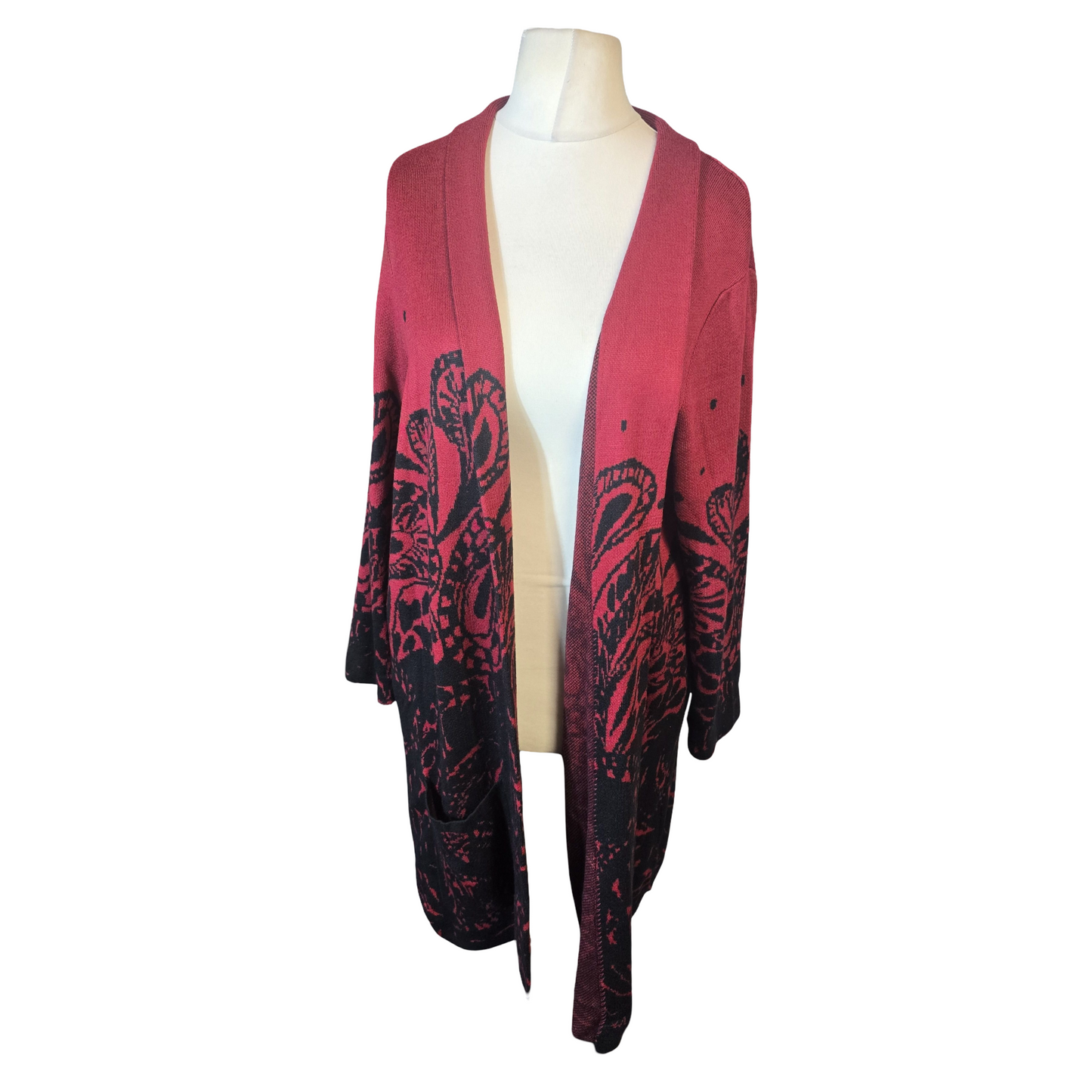 Damart Red & Black Floral Midi Open Cardigan – Size 18/20 Pockets