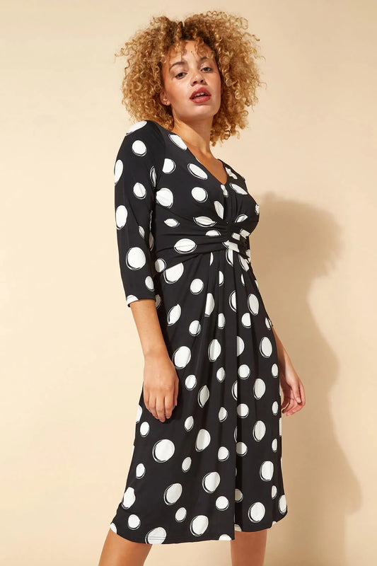 Roman Black & White Polka Dot Midi Dress – Size 12 – V-Neck – Bodycon Fit – Stretchy