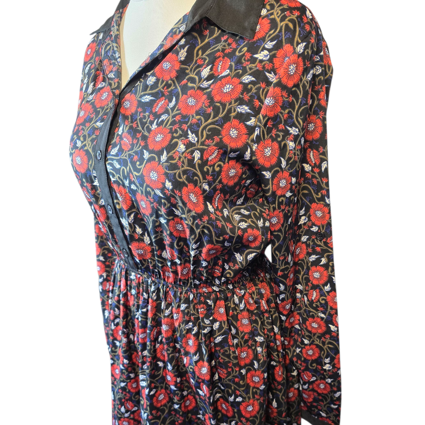 Primark Black & Red Floral Collared Dress – Size 12 – Long Sleeved Knee Length