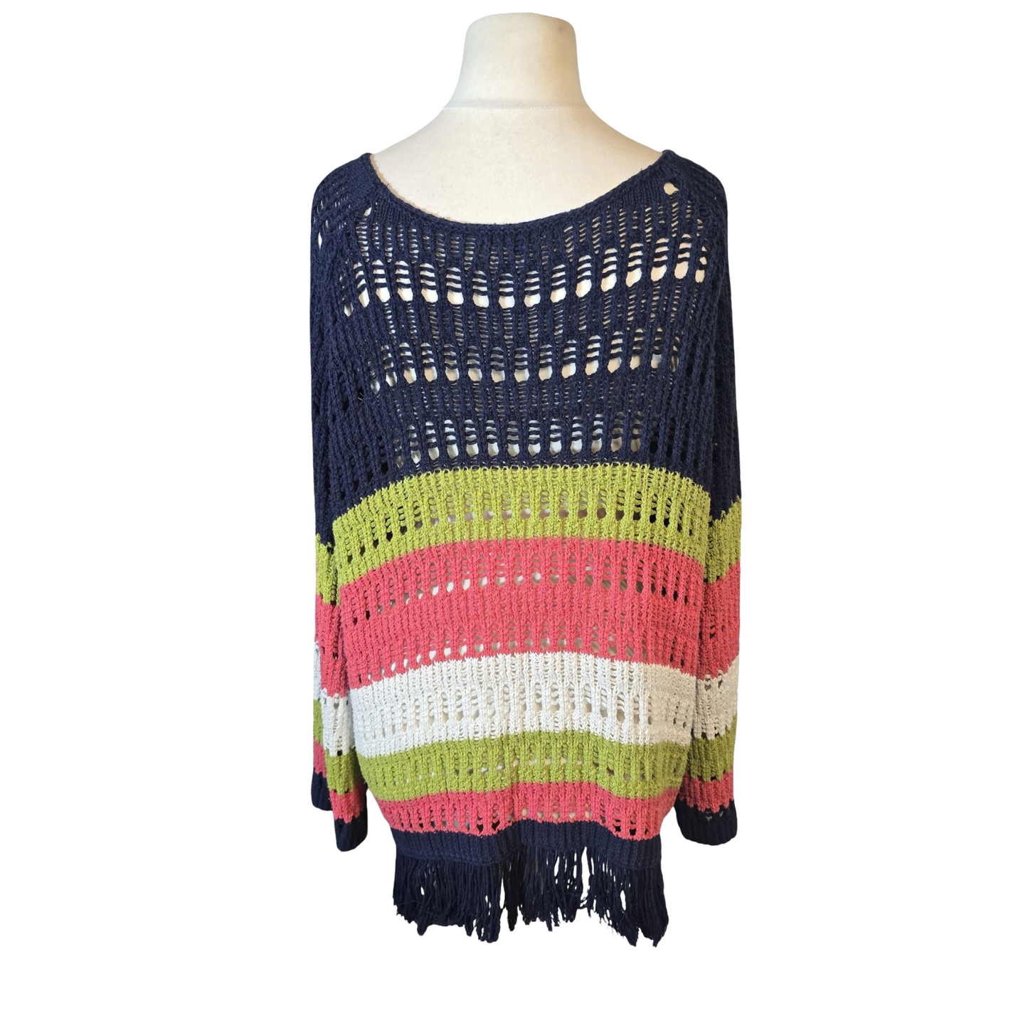 Next Multicoloured Striped Crochet Tassel Jumper – Size 16/18 – Boho Sheer Knit