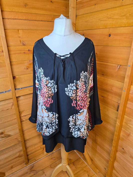 Star by Julien Macdonald Black Floral Blouse Size 24 – Lace-Up Neck, Sheer Detail