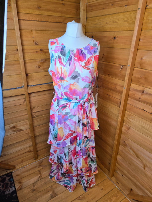 Roman  Multicoloured Floral Tiered Maxi Dress – Size 14 – Sleeveless, Ruffle Hem, Belted, NWT