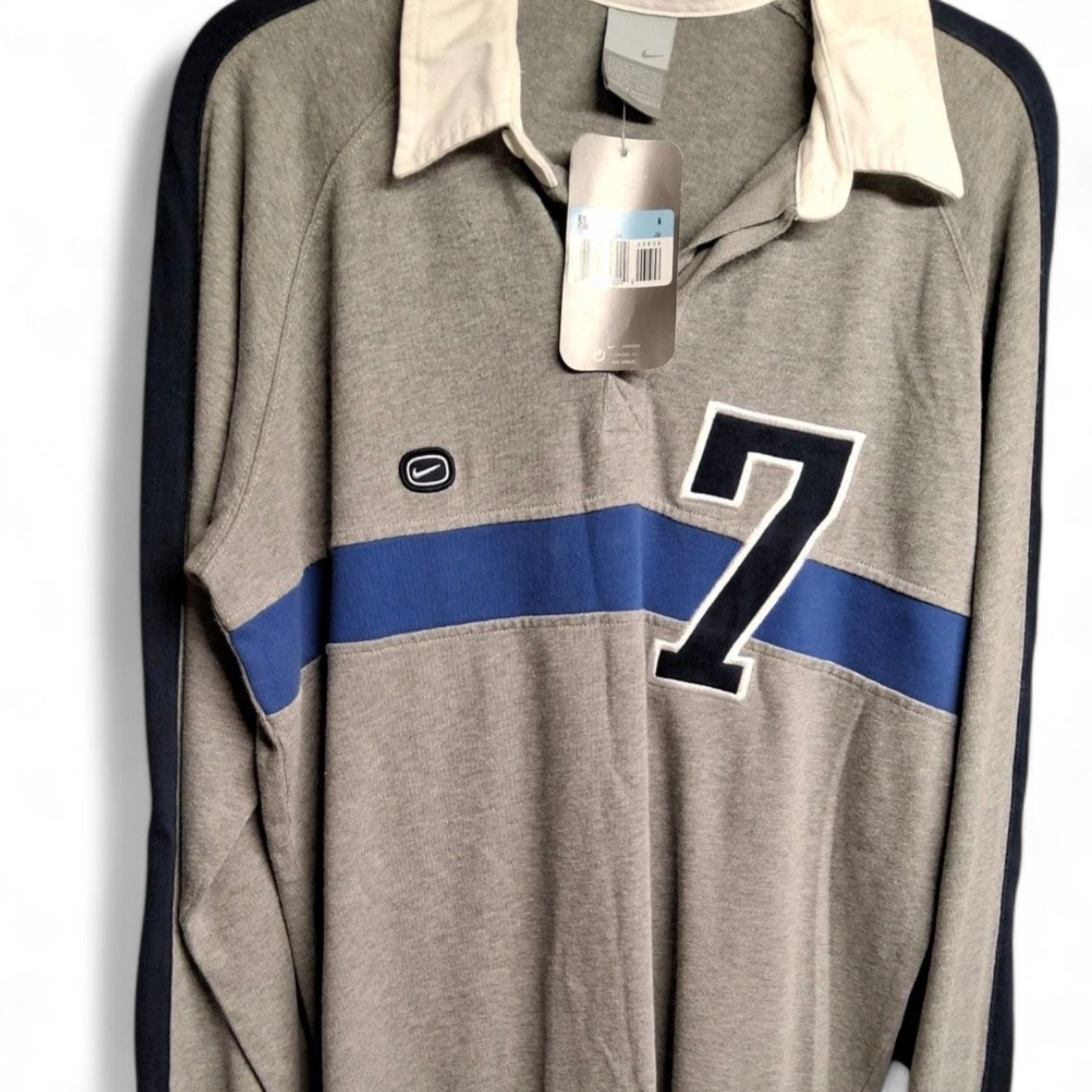 Men's Vintage Y2k Nike Athletic grey & navy long sleeved rugby top tagged