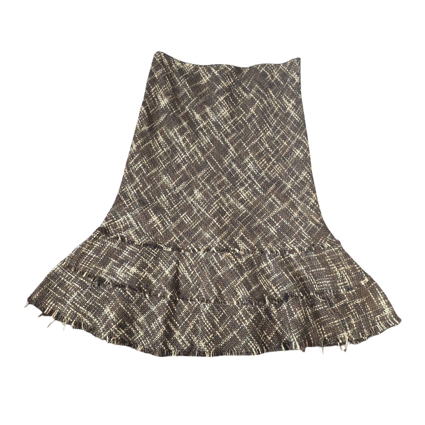 JFW Brown Knitted Midi Skirt – Frayed Hem & Flared Style – Size 14 (Fits size 12/14)