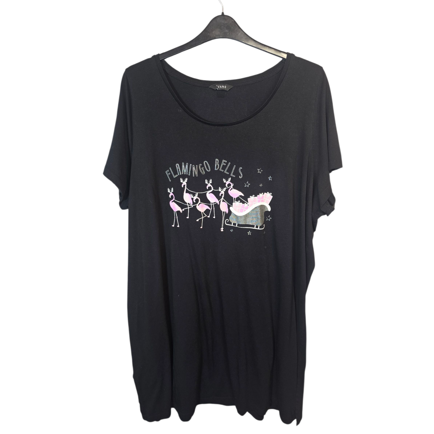 Evans Black Christmas T-Shirt Dress – Flamingo Bells Print – Size 26 – Short Sleeve