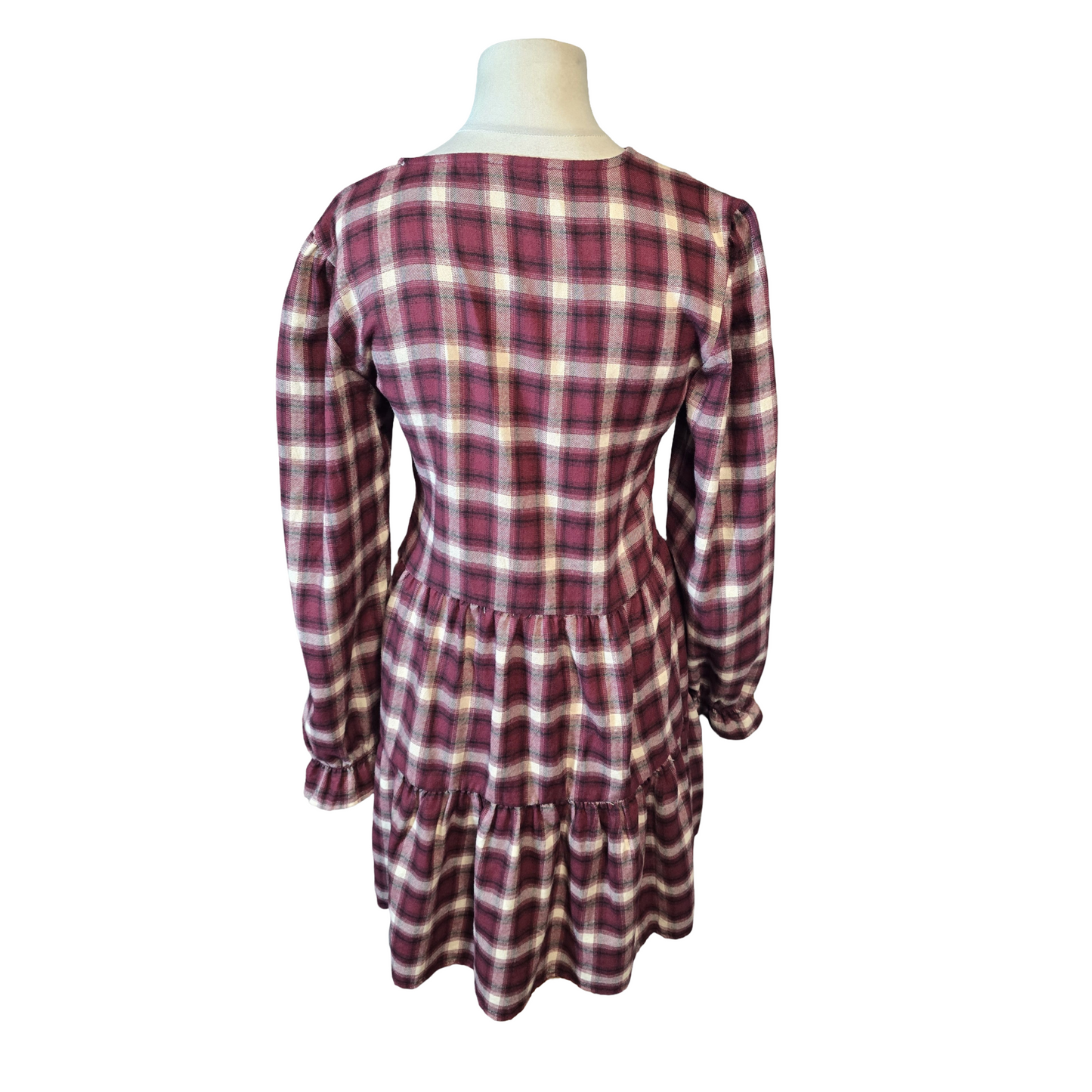 Primark Burgundy & White Checked Tiered Dress – Size 10 – Long Sleeve