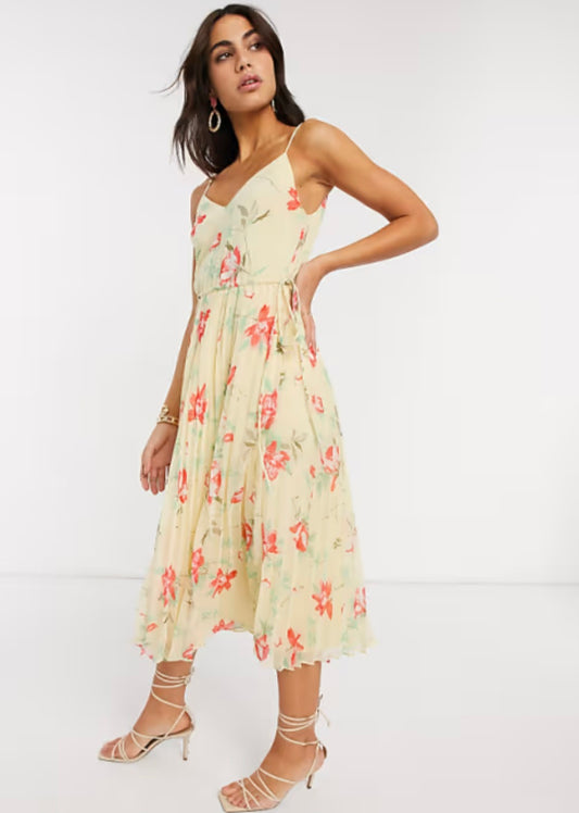 ASOS Yellow Floral Pleated Midi Dress | Size 12 | Garden Party Approved
