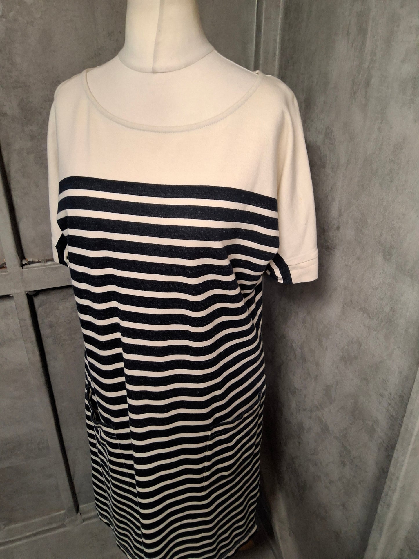 White Stuff Navy & White Stripe Cotton Midi Dress – Size 12