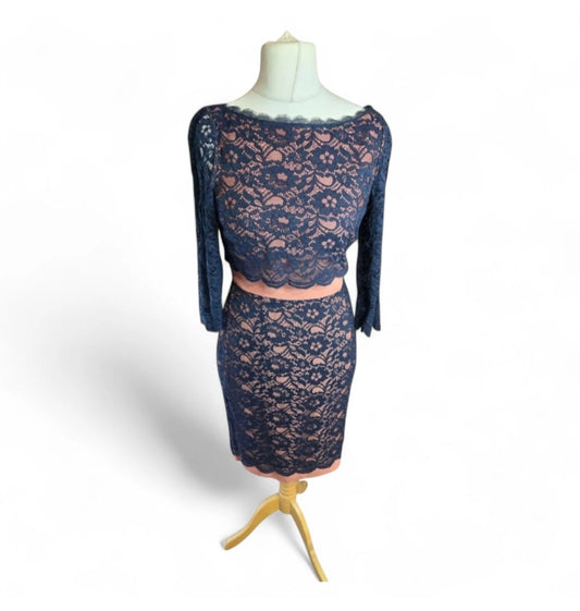 Boden Navy & Beige Lace Dress – Size 10, A-Line, 3/4 Sleeves, Knee-Length, Elegant Party Style