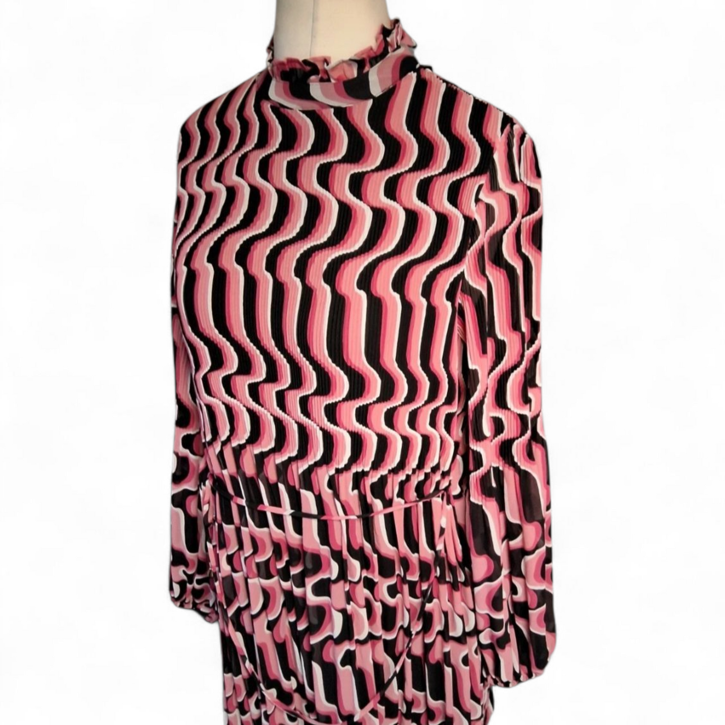 Et Vous Pink & Black Geometric Midi Dress – Size 12 – Sheer Sleeves