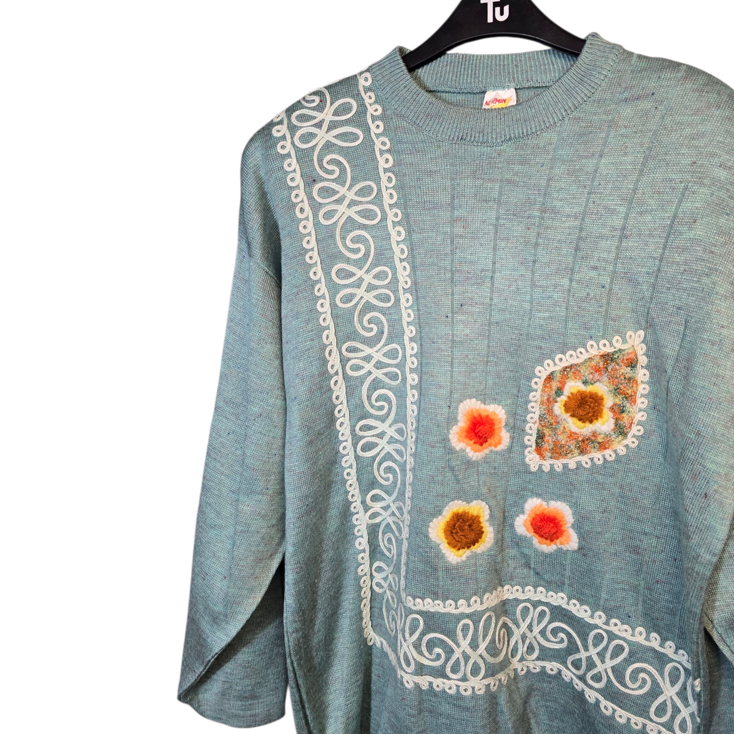 Vintage Nermin Turquoise Knitted Jumper – Floral Design – Shoulder Pads – Retro Style