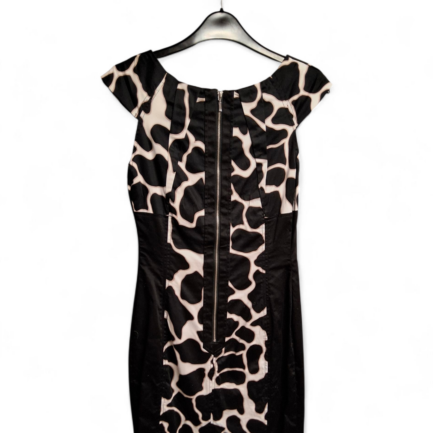 Et Vous Black & Beige Animal Print A-Line Dress – Size 8 – Cap Sleeves & Zip Back